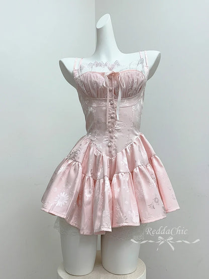 ReddaChic Summer Mini Pink Dress Floral Satin Rompers Cutecore Lace Stitch Spaghetti Strap Corset Dress Coquette Women Clothes