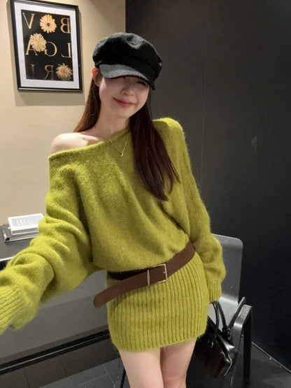 Off Shoulder Knit Mini Dress Women Slant Collar Long Sleeve Belt Autumn Dresses French Elegant Solid Sweet Aesthetic Retro Dress