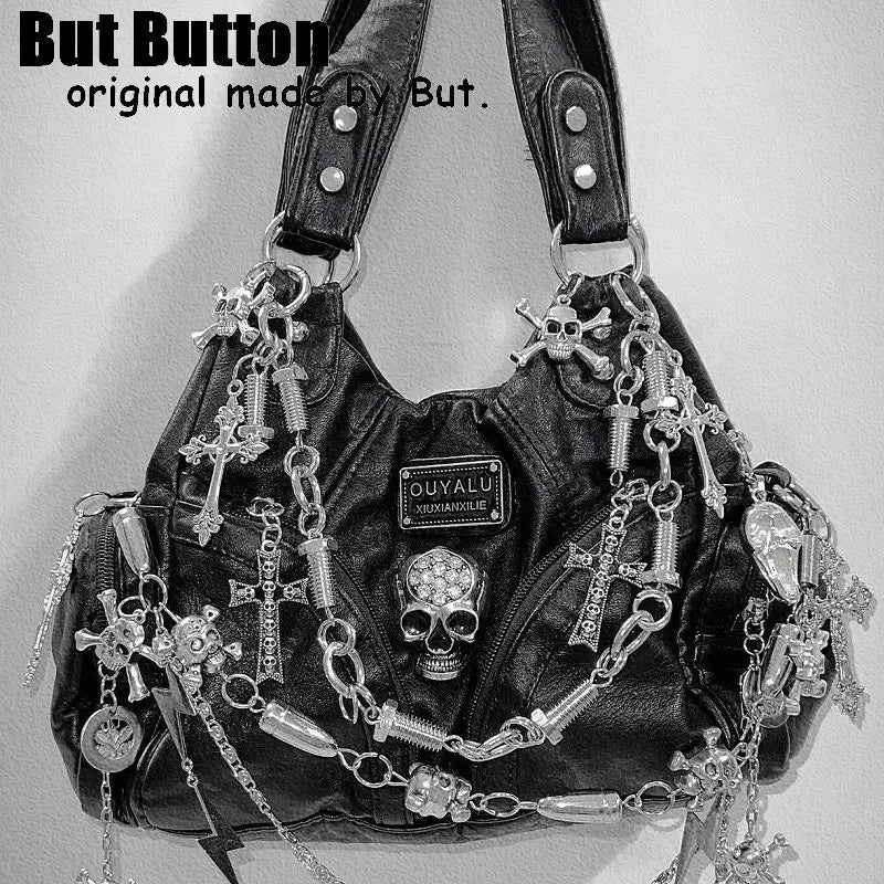 Women Y2K Girl Vintage Harajuku Full of Chains Gothic Rivet Spike Gothic One Shoulder Handbag Women’s Punk Tote Steampunk Bags