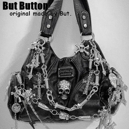 Women Y2K Girl Vintage Harajuku Full of Chains Gothic Rivet Spike Gothic One Shoulder Handbag Women’s Punk Tote Steampunk Bags