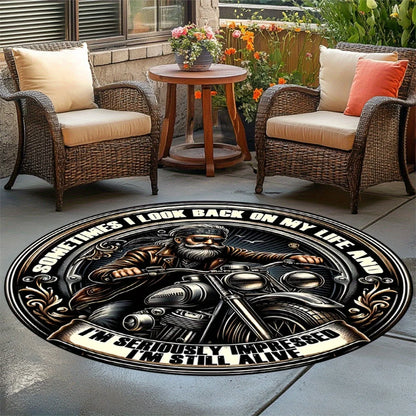 Biker Quote Print Flannel Round Rug Motorcycle Art Design Cool Man Theme Decor Soft Floor Mat For Garage Patio Outdoor