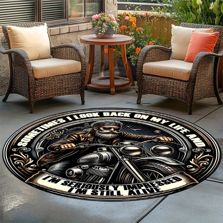 Biker Quote Print Flannel Round Rug Motorcycle Art Design Cool Man Theme Decor Soft Floor Mat For Garage Patio Outdoor