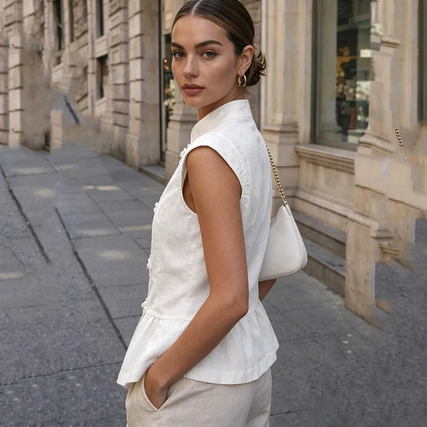 Linad Summer Chinese Style White Single Breasted Vest Woman Vintage Slim Stand Collar Tops 2026 Street Chic Sleeveless Tank Top
