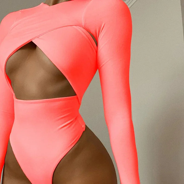Summer New Women's Jumpsuit Solid Color Cross Hollow Long Sleeve Revealed Waist Slimming Smooths Your Silhouette