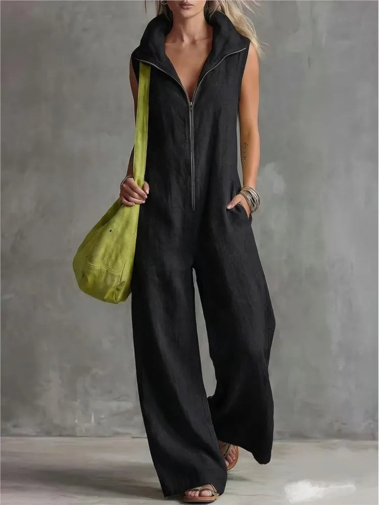 Summer New Fashion Zipper Lapel Short-sleeved Loose Women's Jumpsuit 2026 Loose Simple Pocket Casual Vacation Female Jumpsuit