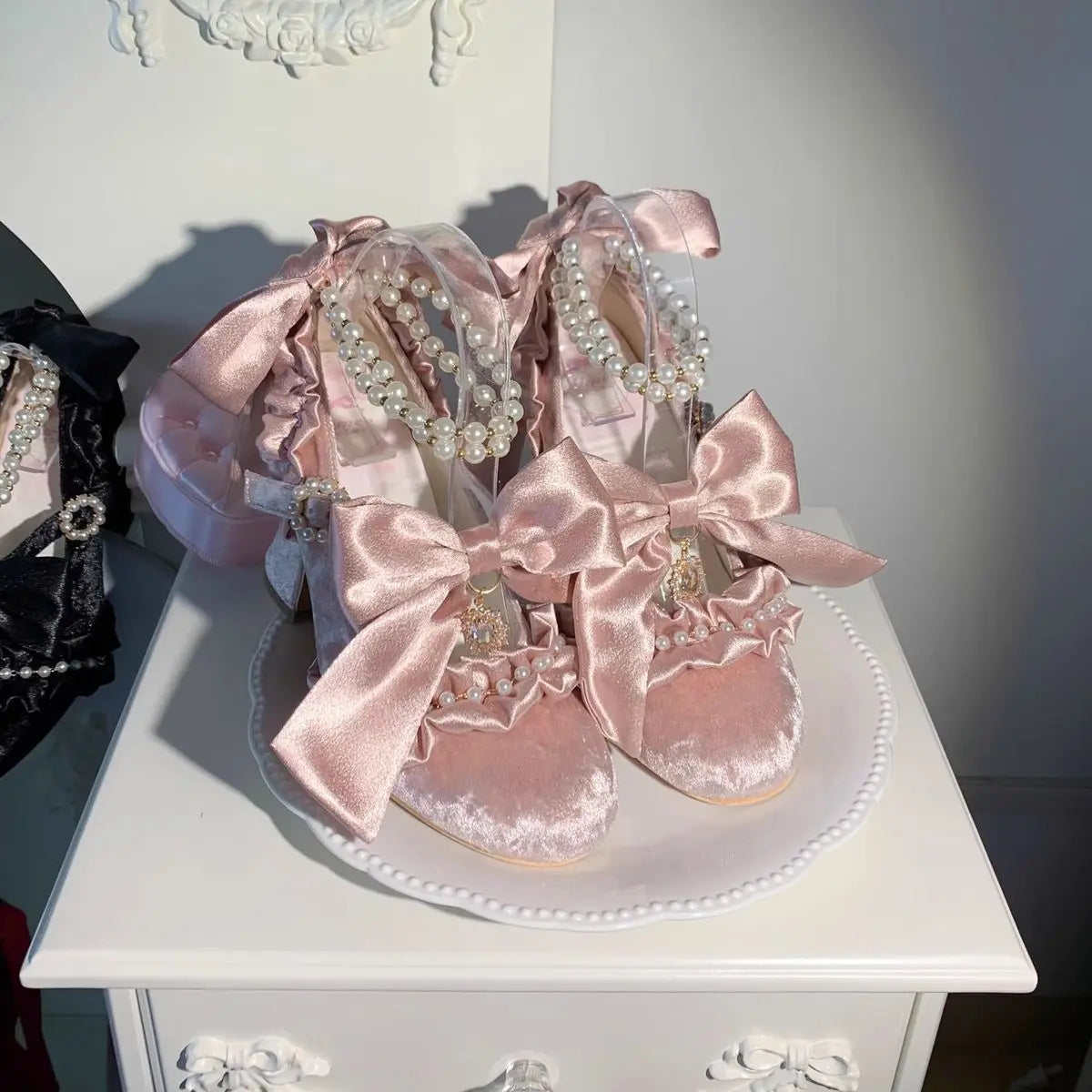 Sweet Lolita Women High Heels Luxury Designer Court Style Velour Bowknot Princess Dress Shoes Elegant