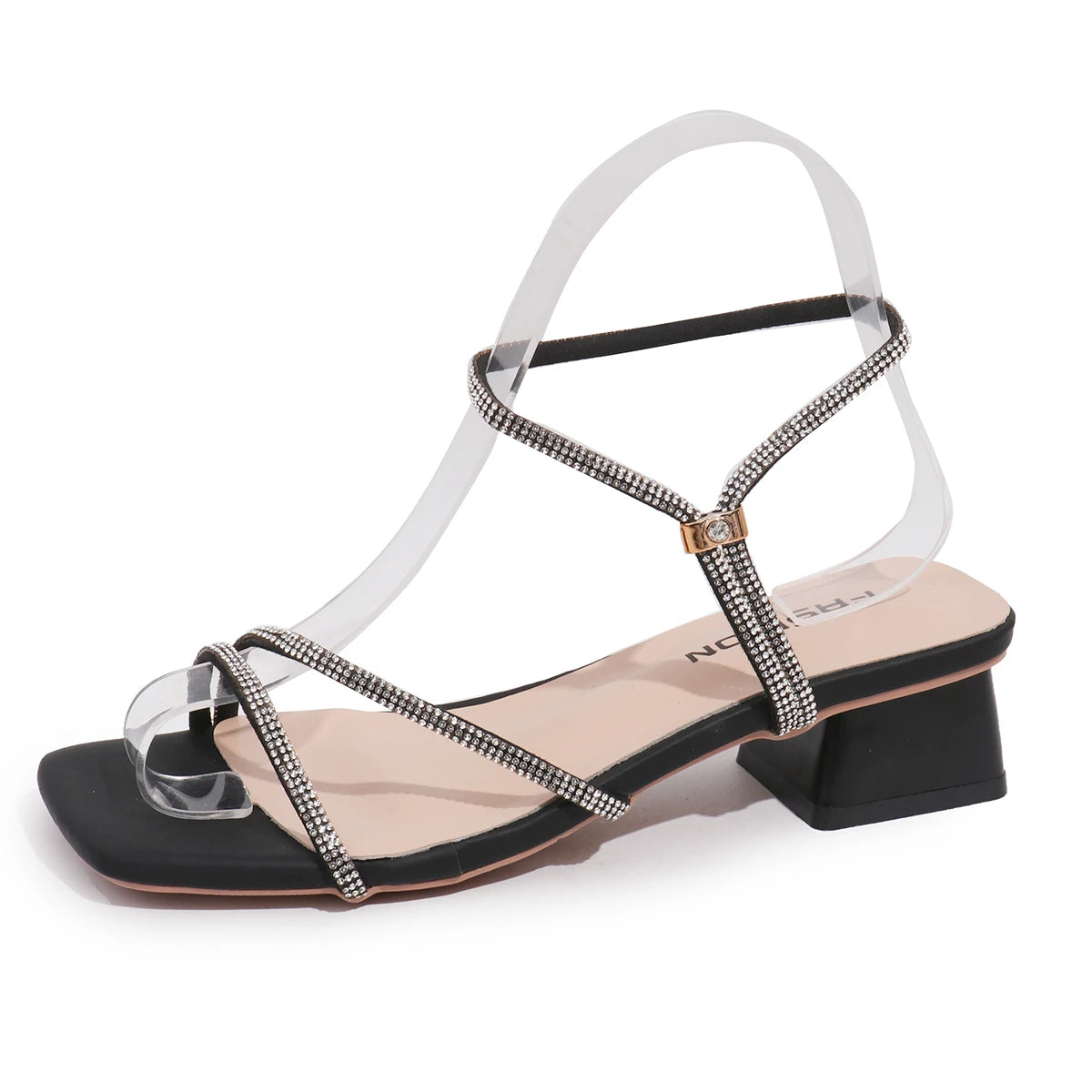 Elegant Square Toe Medium Heel Woman's Sandals Women Summer 2026 Luxury Rhinestore Strap Sandals Plus Size Woman Designer Shoes