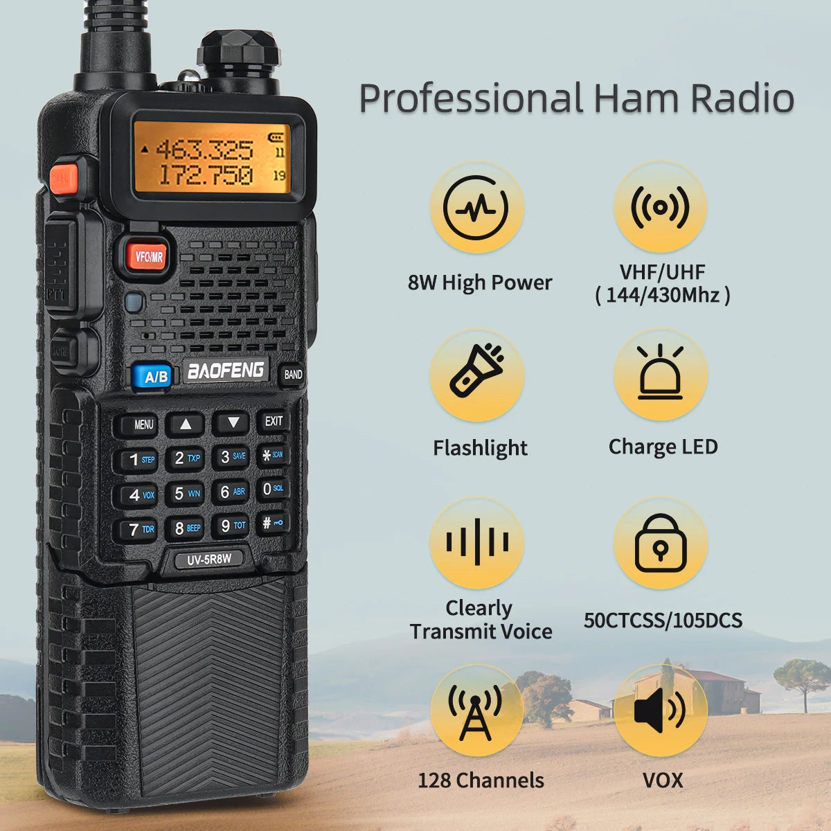Baofeng UV-5R 8W Long Range Walkie Talkie 3800mAh Type-c Ham Amateur Communication Two Way Radio for Adults Camping