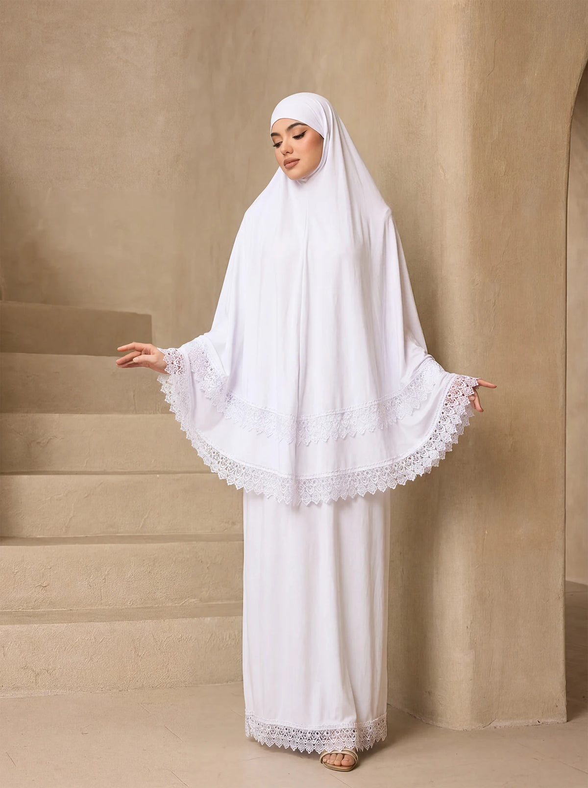 Elegant Multi Layer Lace Trim Khimar Abaya Two Piece Set, Modest Prayer Long Dress For Muslim Women Eid Daily Religious Wear