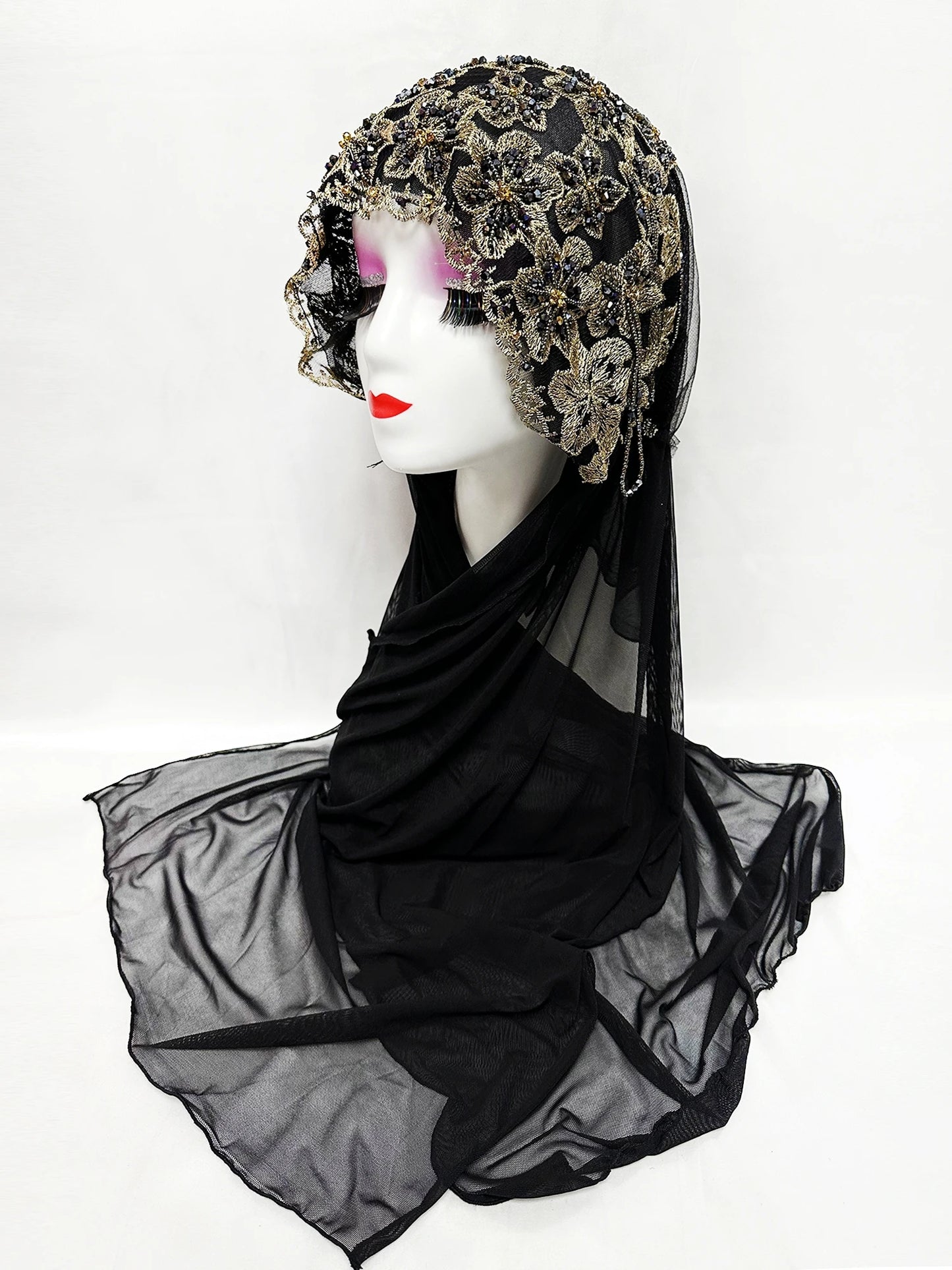 Hot Selling Luxury Design Handmade Beads Muslim Women Shawl Islamic Headtie Saudi Arabia Hijab Prayer Headwear for Women
