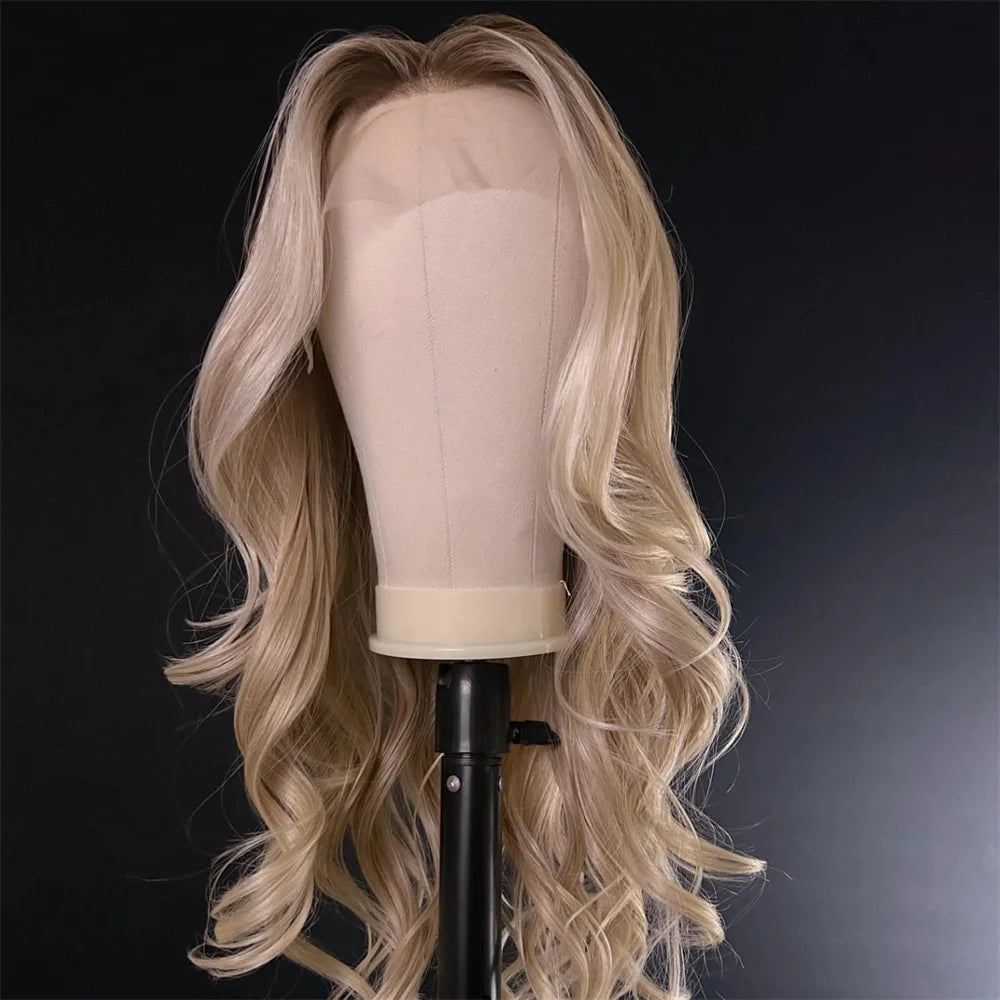 Blonde Balayage Lace Front Wig Free Part HD Lace Wig Realistic Look Dark Brown Roots Natural Wavy Synthetic Heat Resistant Fiber