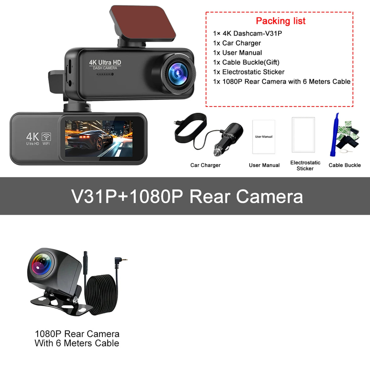 Kocam 4K Dash Cam Front and Rear Dual Channels Dashcam With 24H Parking Monitoring Night Vision DVR Recorder Black Box For Car