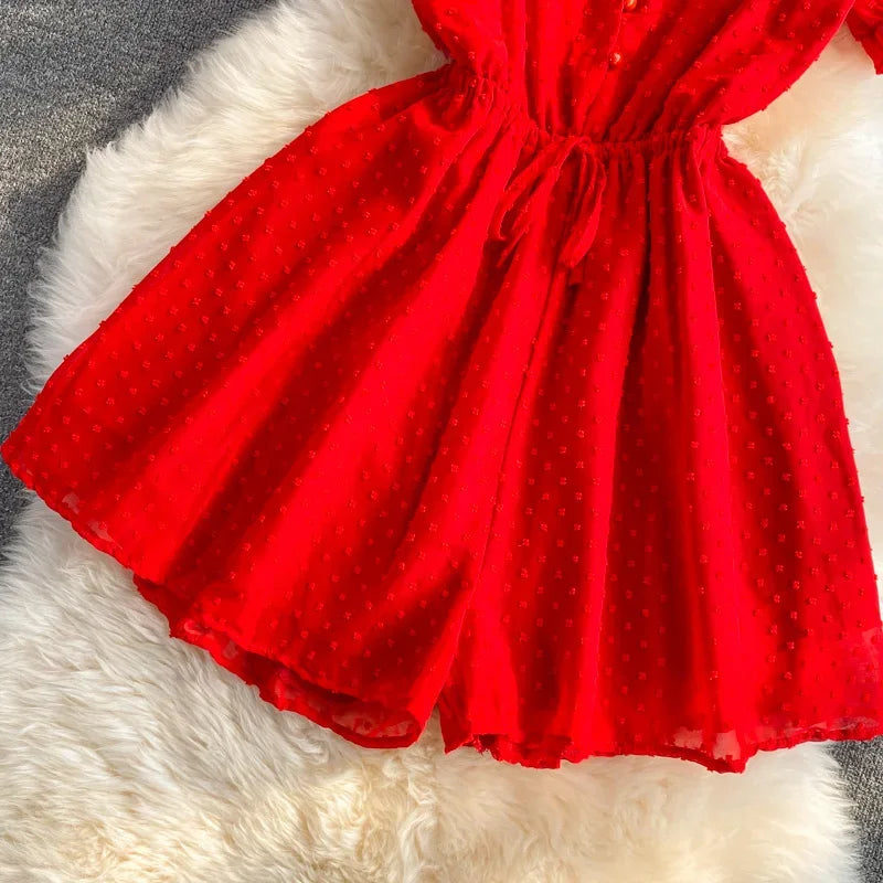 2025 Summer Women Playsuit Polka Dot See Through Thin Beach Rompers Sexy V-neck Short Sleeve Drawstring Sash Slim Waist Overalls