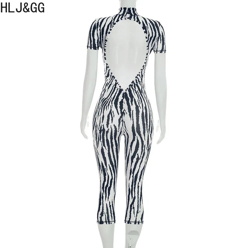 HLJ&GG Autumn Stripe Print Backless One Piece Jumpsuits Women Round Neck Long Sleeveless Slim Playsuits Sexy Overalls Streetwear