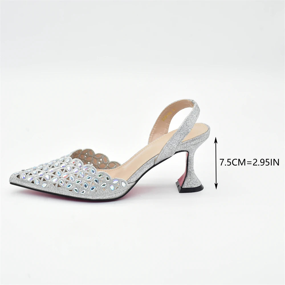 New Design Nigerian Women Shoes and Bag Set Decorated with Rhinestone in Italy African Party Luxury Heel Shoes Pumps with Heels