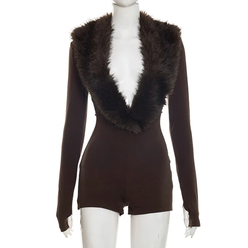 Deep V-Neck Fluffy Faux Fur Collar Short Jumpsuits for Women 2026 Fall Winter Fashion Long Sleeve Playsuits One-Pieces Rompers
