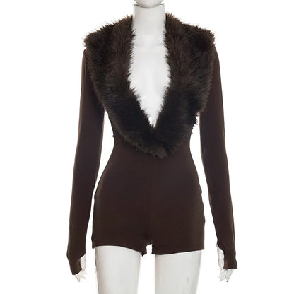 Deep V-Neck Fluffy Faux Fur Collar Short Jumpsuits for Women 2026 Fall Winter Fashion Long Sleeve Playsuits One-Pieces Rompers