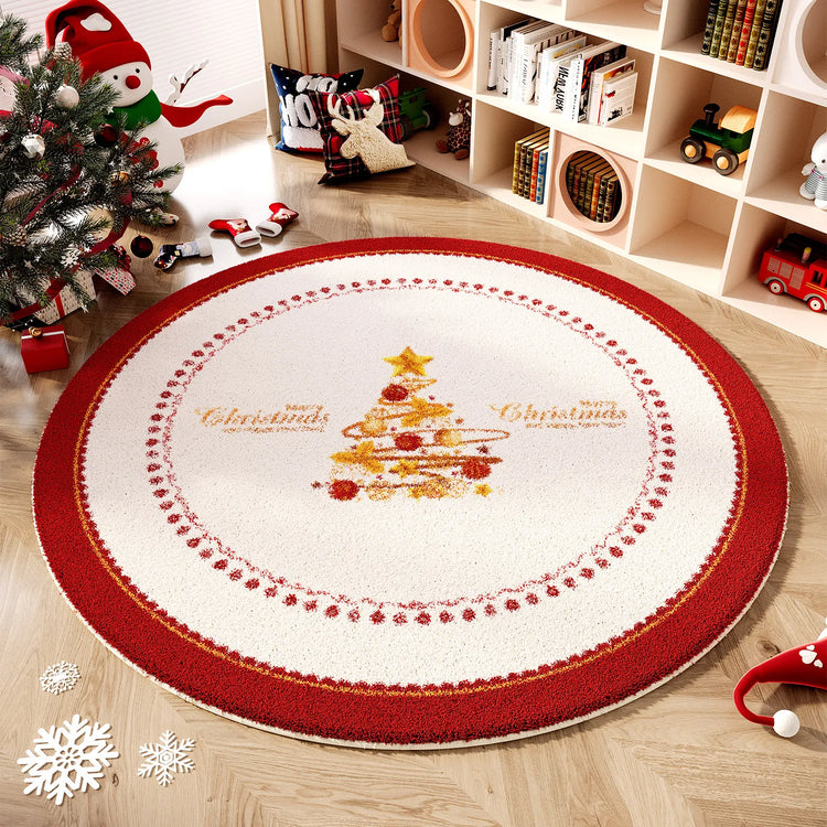 Christmas Round Faux Cashmere Area Rug Non Slip Soft Bedroom Bedside Carpet Xmas Holiday Home Decor Floor Mat for Living Room
