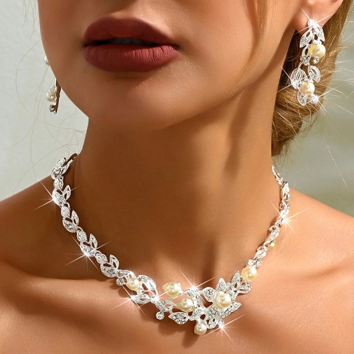 Middle Eastern Hot selling Bridal Jewelry Set Alloy Pearl Rhinestone Necklace Earrings Two Piece Set Wedding Banquet Jewelry