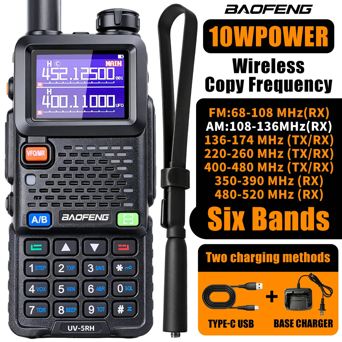 Baofeng UV5RH Walkie-Talkie, NewWireless Copy Model, Type-C NOAA Long Range 999CH, Car-Mounted Handheld Transceiver, Fleet