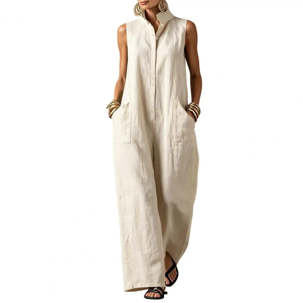 Elegant Women's Sleeveless Linen Blend Jumpsuit Button Down Collared Romper Casual Loose Summer Beach Vacation Boho Jumpsuits