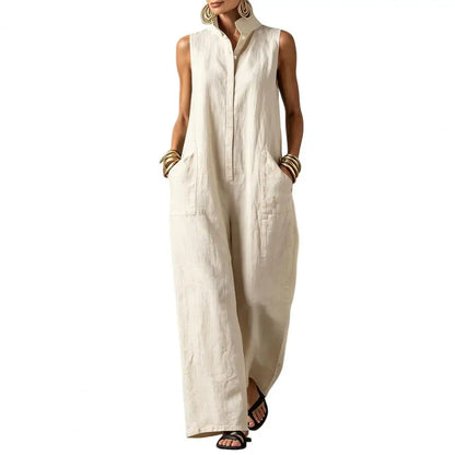 Elegant Women's Sleeveless Linen Blend Jumpsuit Button Down Collared Romper Casual Loose Summer Beach Vacation Boho Jumpsuits