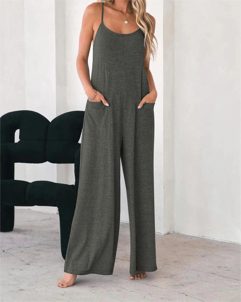 Plus Size Casual Sleeveless Jumpsuit Spaghetti Strap Loose Wide Leg Pocketed Beach Vacation Romper for Women