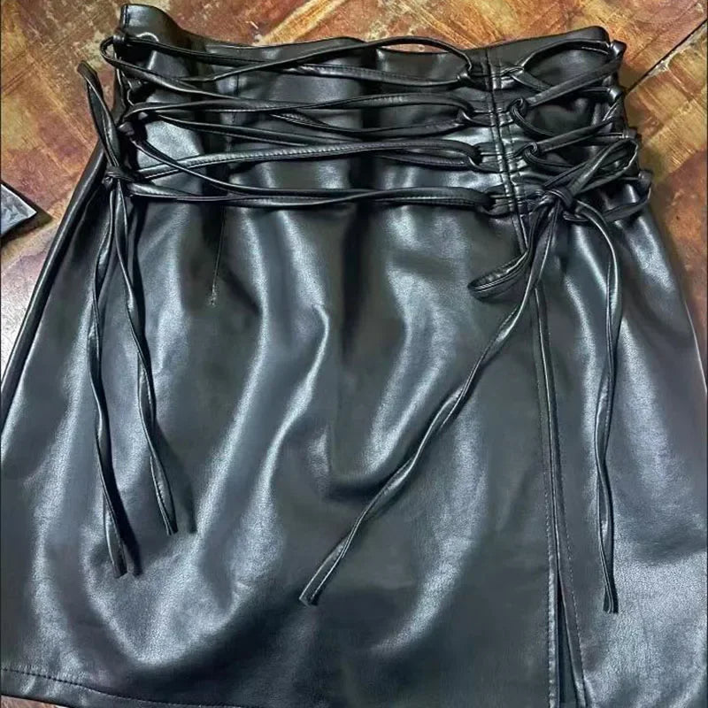 Black Leather Mini Skirts Women Gothic High Waist Slim Fit Lace Up Pencil Skirt Female Sexy Club Back Zipper Split Bag Hip Skirt