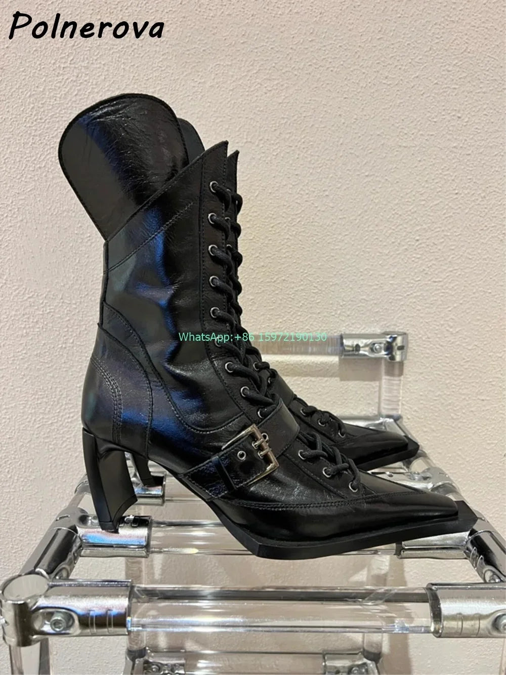 Buckle Belt Cross Tied Boots Solid Square Toe Strange Style Heels Zipper Black Ankle Boots Women's Genuine Leather Modern Boots