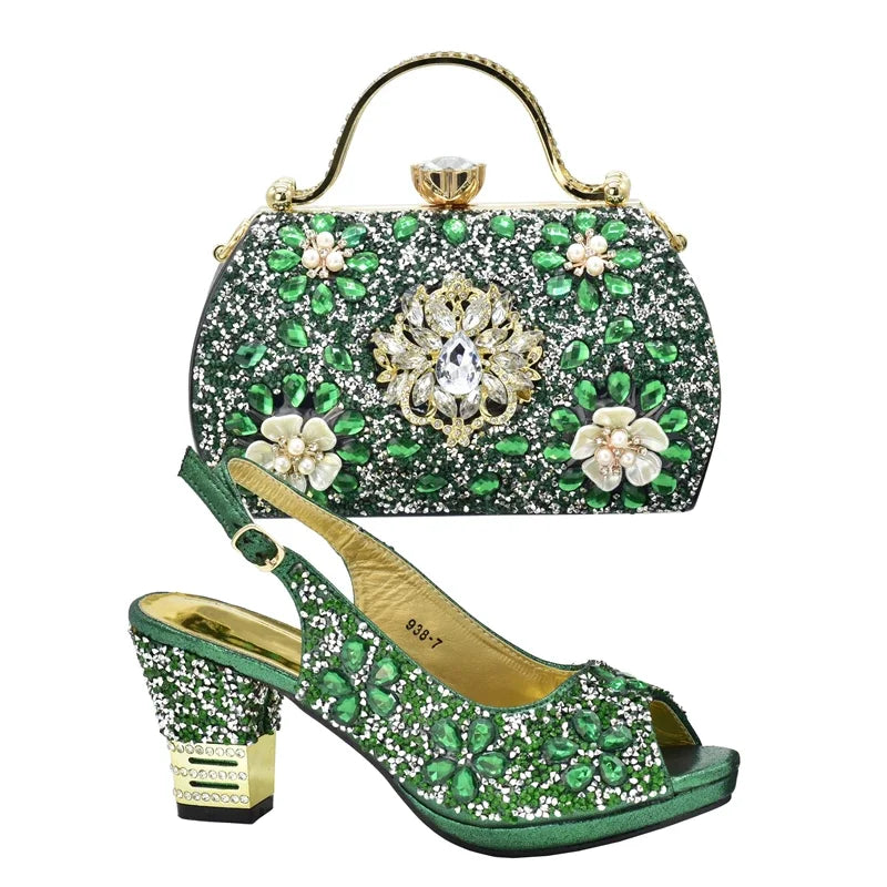 Fashion Italian Shoes with Bag Set Decorated with Rhinestone Women Wedding Shoes Set Nigerian Party Pumps High Heels Sexy Ladies