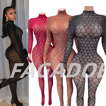 FAGADOER Sexy Hollow Out Patchwork Bodycon Jumpsuits Women Lace See Through Long Sleeve Backless Rompers Female Party Clubwear