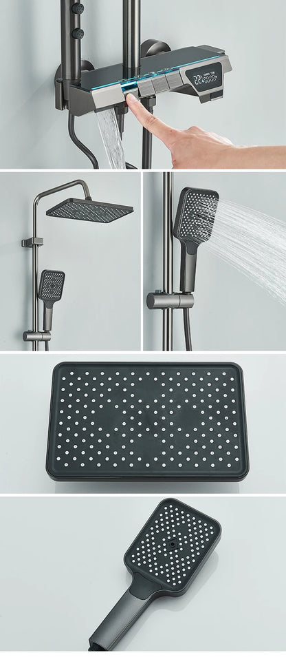 Rozin Gray Bathroom Shower Faucet Set Smart Digital Display Piano Style Rainlfall System Mixer Tap with Bidet / Hand Shower