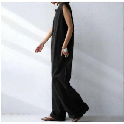 Women Jumpsuits Solid Romper Round Neck Sleeveless Full Length Straight Pants Slight Strech Loose Fit Casual Elegant 2026 Summer
