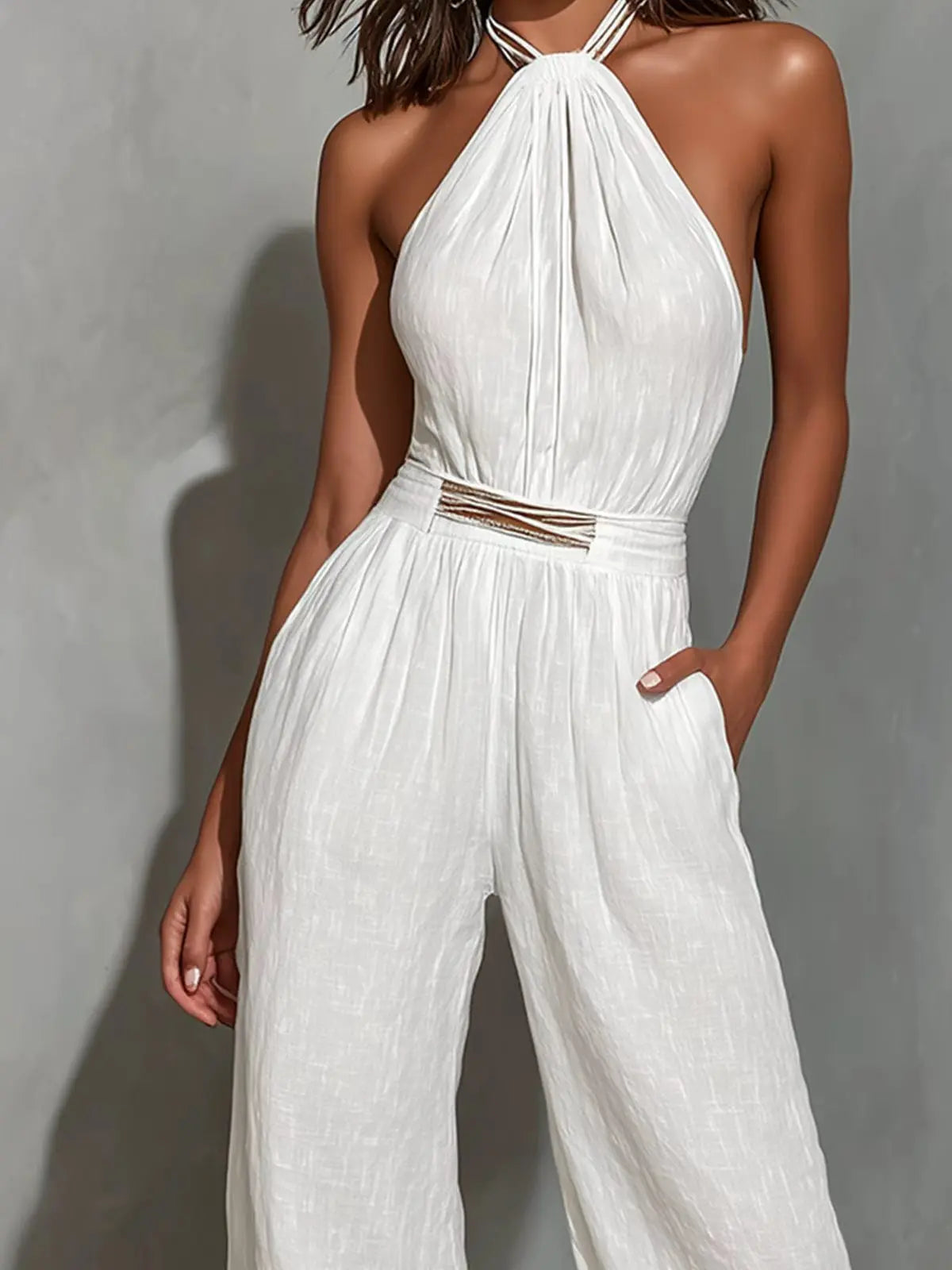 Women's Lace-Trimmed Comfortable Casual Woven Jumpsuit Elastic Waist Wide Leg Jumpsuit for Spring Autumn