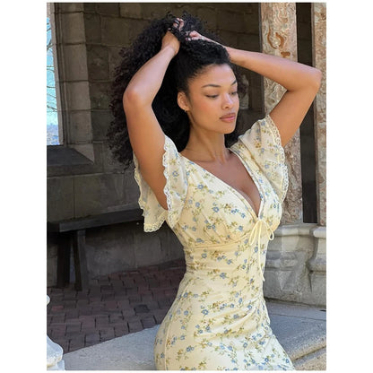 Fashion V-neck Floral Women Maxi Dress Flutter Sleeve Lace Trim High Waist Chiffon Vestidos Summer Female Daily Vacation Dresses