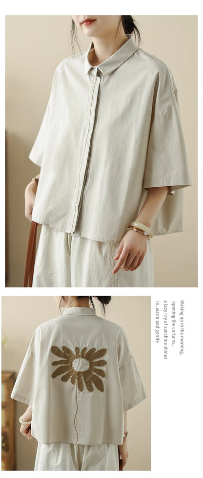 High-End Korean Japanese Artistic ort Sve Cotton Linen Embroidered irt Summer Wear Pear ape Fitting Women's Top