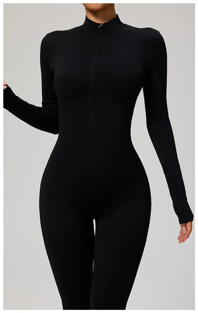 TRY TO BN Women's Jumpsuit Long Sleeve Zipper Shapewear Bodysuit Yoga Fitness One Piece Tights Gym Clothing Mono Deportivo Mujer