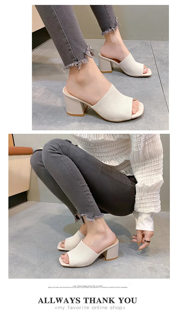 Women's Luxury Casual Soft High Heel Sandals Black Mules Summer Slippers Outdoor Shoes Open Toe