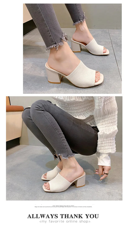 Women's Luxury Casual Soft High Heel Sandals Black Mules Summer Slippers Outdoor Shoes Open Toe