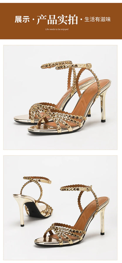 Luxury Crystal Cross Tied High Heel Sandals Women Sexy Open-toe Ankle Strap Buckle Stiletto Sandals Elegant Banquet Dress Shoes