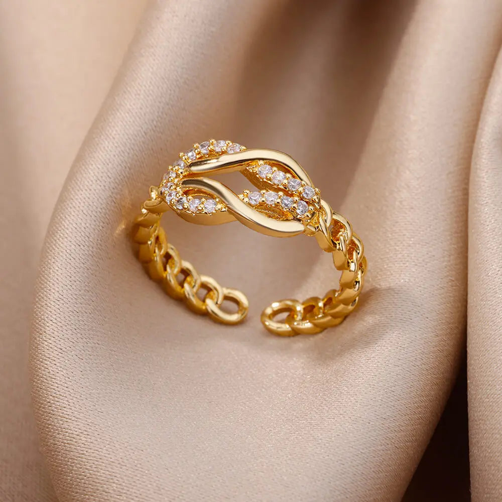 Luxury Zircon Geometric Rings For Women Stainless Steel Gold Color Open Ring Trendy Wedding Party Aesthetic Jewerly Gift Femme