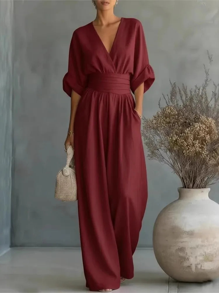 Summer Sexy Deep V-neck Short Sleeve Jumpsuits Elegant Women Solid High Waist Rompers Casual Sleeveless Wide Leg Pants Jumpsuit