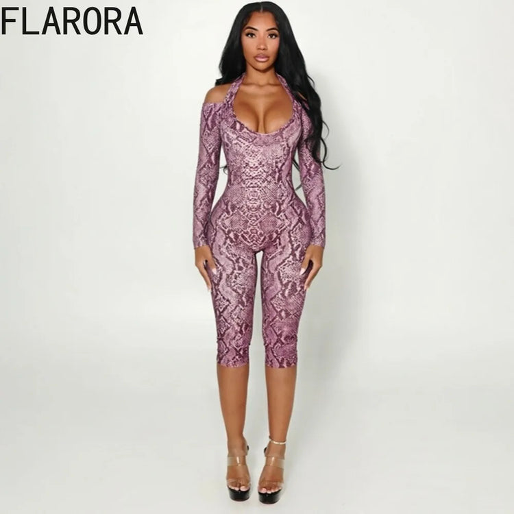 FLARORA Sexy Serpentine Print Jumpsuits Woman Halter Off-shoulder Full Sleeve Skinny Peach Hip Playsuits Hottie Party Clubwear