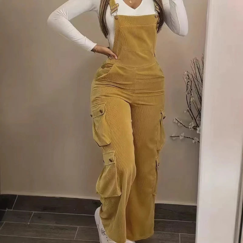 Y2K Casual Solid Strappy Bodysuit Sexy High Waist Ribbed Corduroy Overalls Spring Summer Cargo Pocket Wide Leg Women's Jumpsuits
