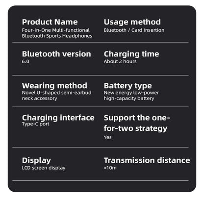 KEBIDUMEI 4-in-1 Neckband Bluetooth 6.0 Earphones ENC Noise Reduction Wireless Headsets Wired Mode TF Card FM Radio Headphones