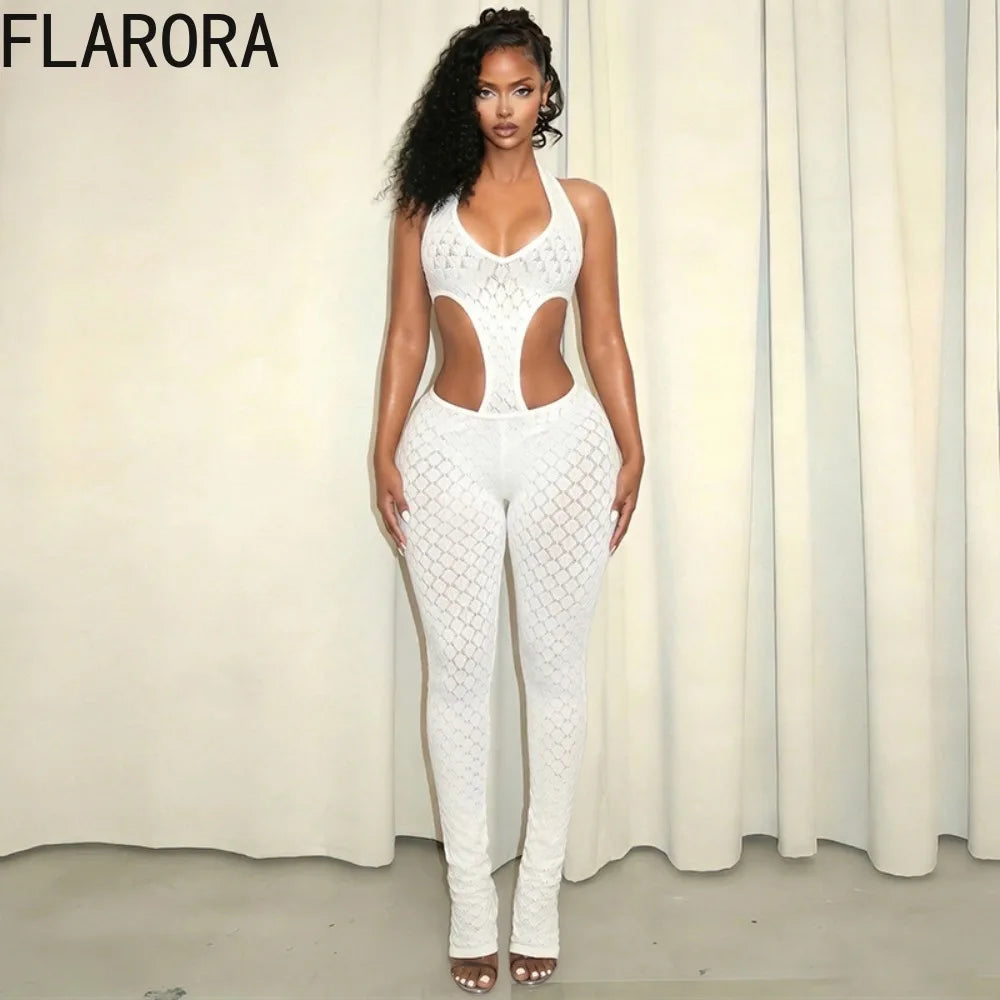 FLARORA Sexy Hollow See Through Jumpsuits Woman Trend Halter V Neck Sleeveless Backless Bandage Jumpsuit Hottie Street Overalls