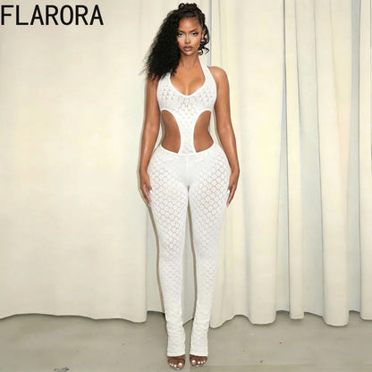 FLARORA Sexy Hollow See Through Jumpsuits Woman Trend Halter V Neck Sleeveless Backless Bandage Jumpsuit Hottie Street Overalls