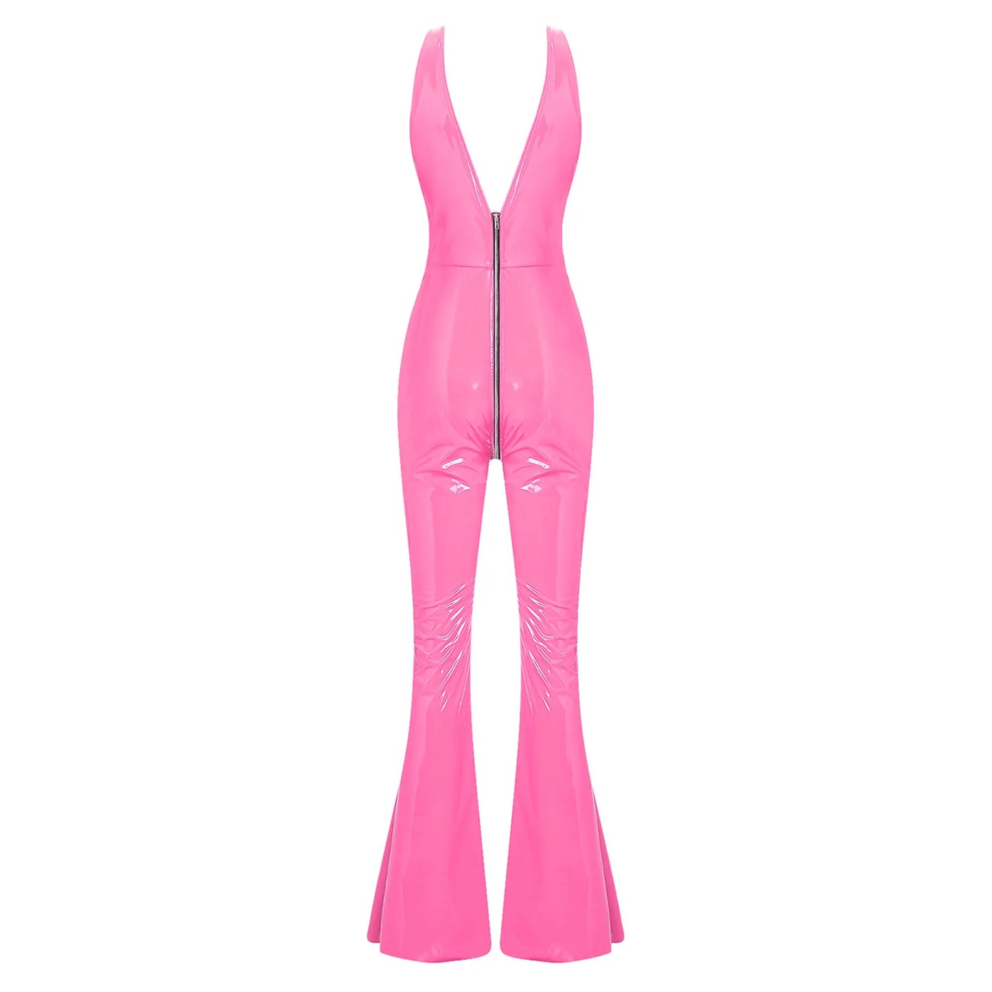 Women Glossy PU Flared Jumpsuit Deep V Neck Double-ended Zipper Split Bell Bottom Sleeveless Unitard Rompers Rave Party Clubwear