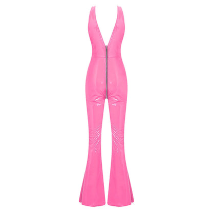 Women Glossy PU Flared Jumpsuit Deep V Neck Double-ended Zipper Split Bell Bottom Sleeveless Unitard Rompers Rave Party Clubwear