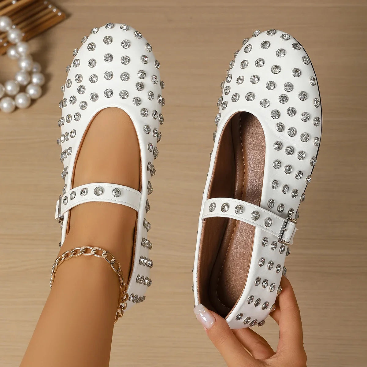 Women's Flat Dress Shoes Bottom Mary Jane Water Diamond Casual Dancing Shoes Genuine Leather Single Shoes Luxury Ballet Flats